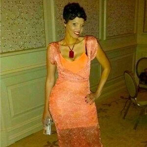 EUC-BEBE ORANGE- GOLD MESH NET DRESS SZ MED